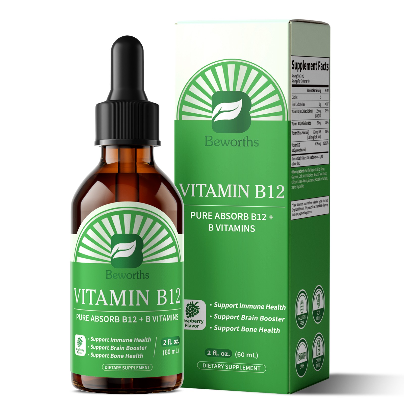 Vitamin B12, 10000 mcg, 3-in-1 Organic Liquid Vitamin B12, 60-Day Supply (60ml)