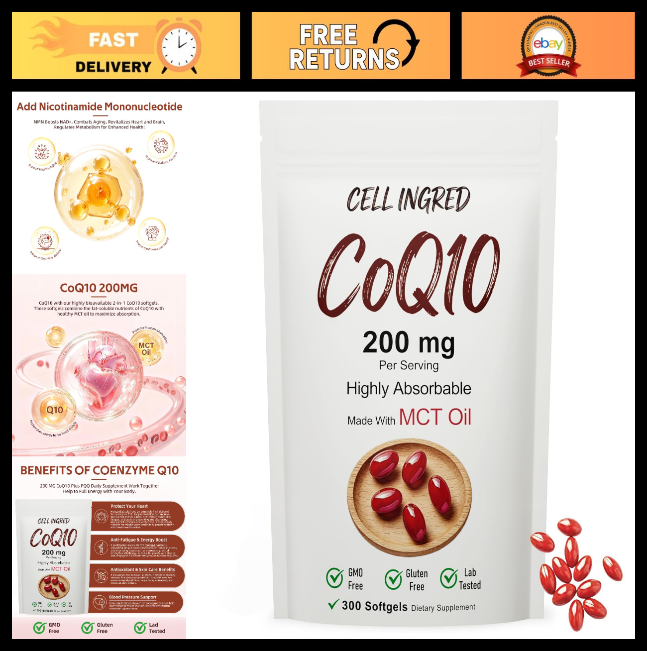 CoQ10 200mg Softgels with Coconut MCT Oil – Antioxidant Heart & Energy Support,