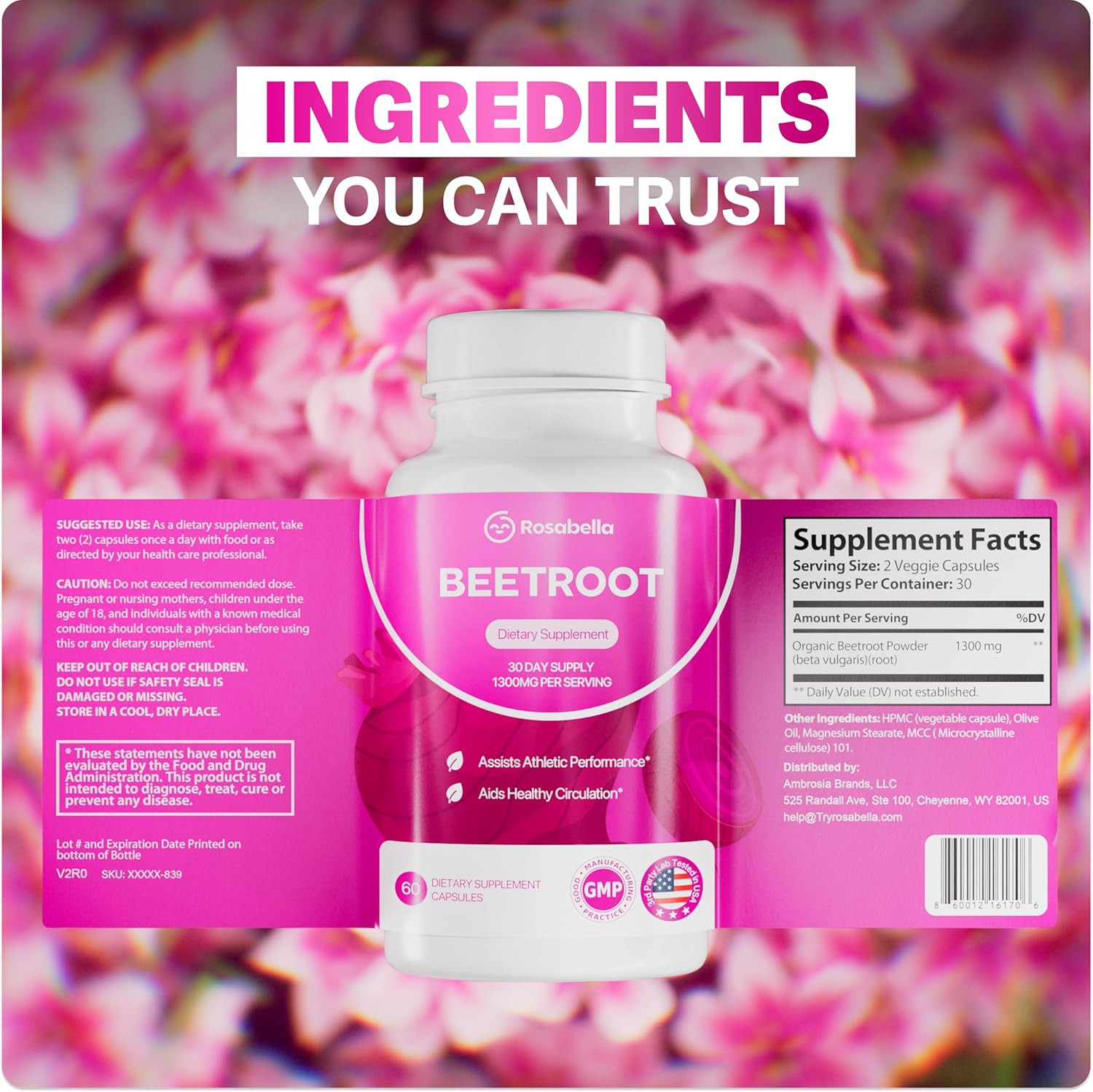 Rosabella Organic Beetroot 1300mg – Supports Blood Flow & Heart Health – 60ct