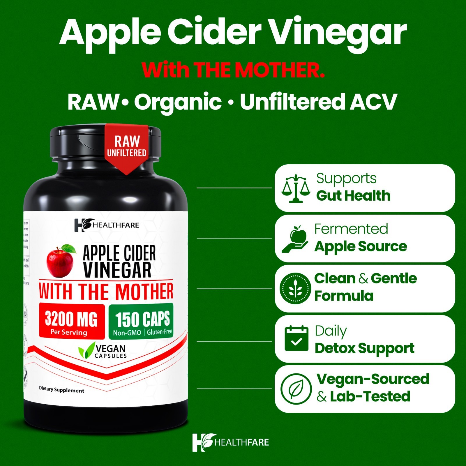 Healthfare Apple Cider Vinegar 3,200mg Maximum Immune Strength ACV Supplement