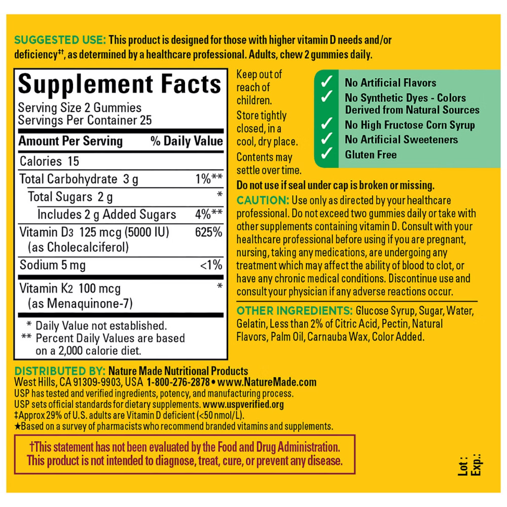 Nature Made Vitamin D3 K2 Gummies, Vitamin D 5000 – 50ct