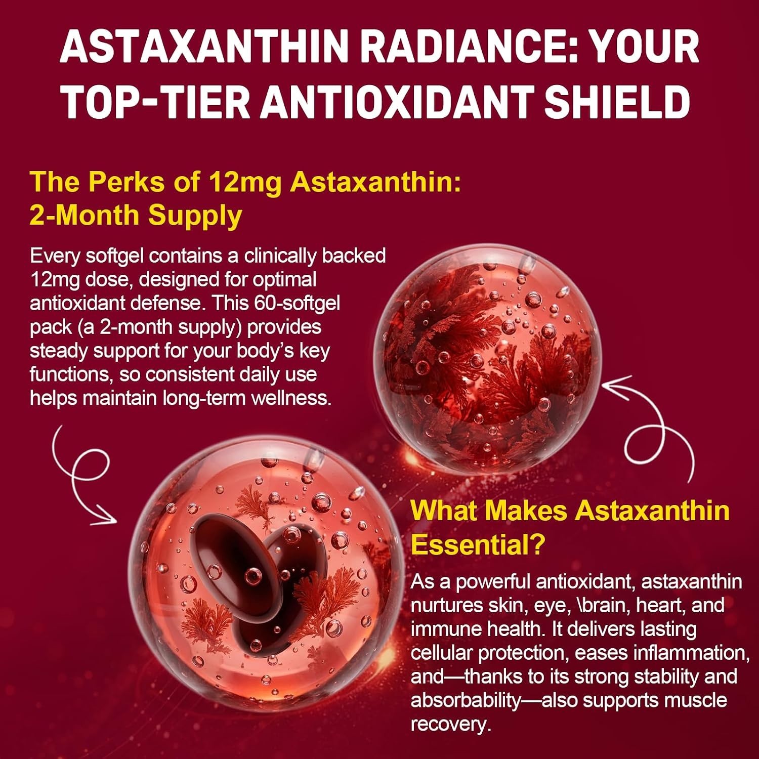 BEWORD Astaxanthin 12mg with MCT Oil ~ 60 Softgels ~ 2-Month Supply
