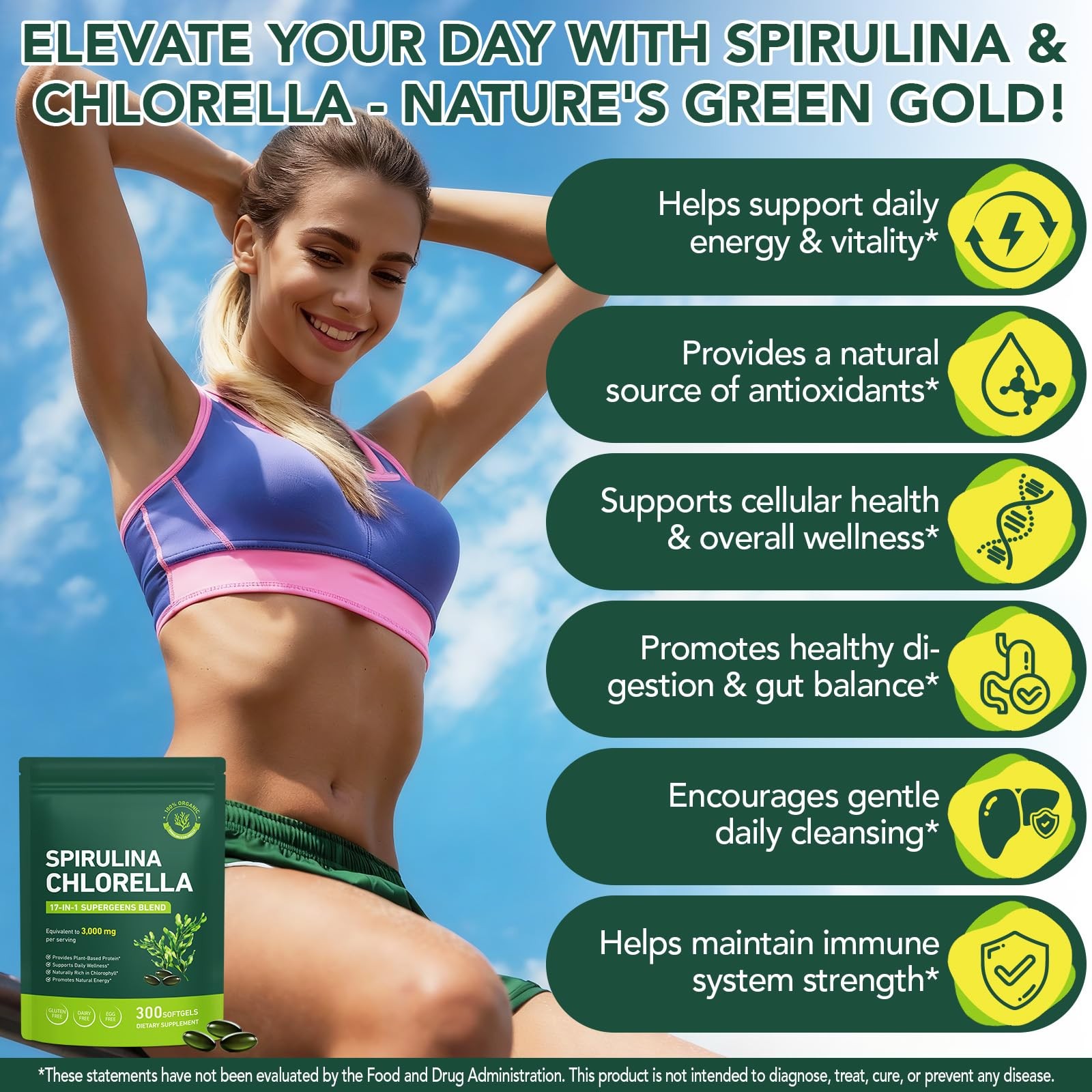bnHUlMXw Organic Spirulina Chlorella Capsules,Non-GMO 300 Count (Pack of 1)