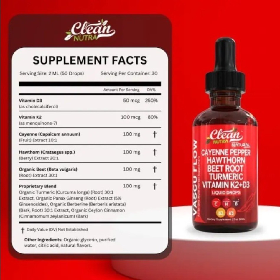 Cayenne Pepper Hawthorn Beet Root Turmeric Vitamin K2+D3 Liquid Drops 60ML 1-3X