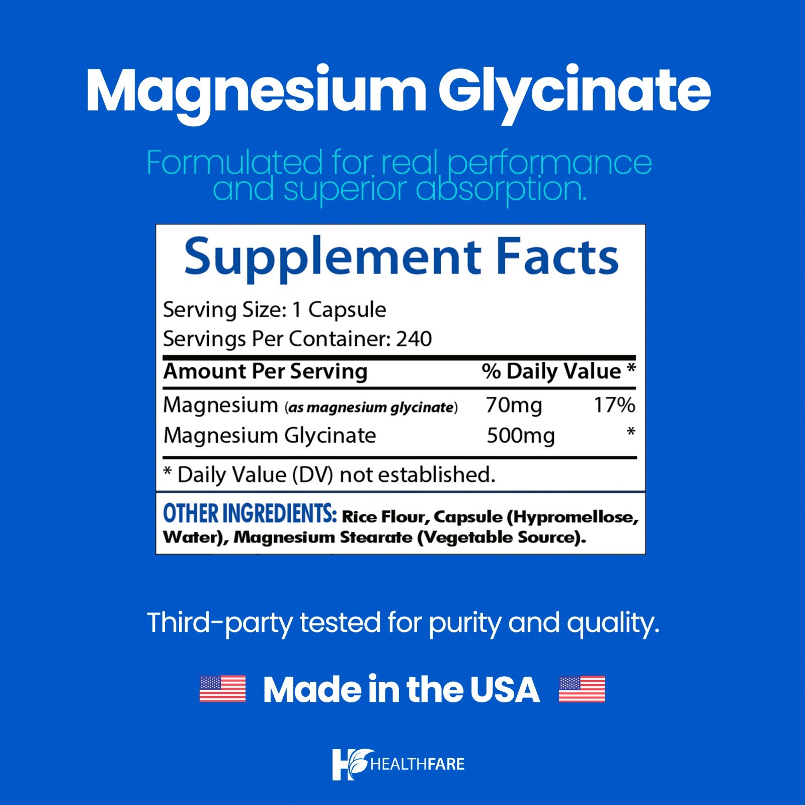 HealthFare Magnesium Glycinate 500mg | 240 Veg Capsules | High-Absorption