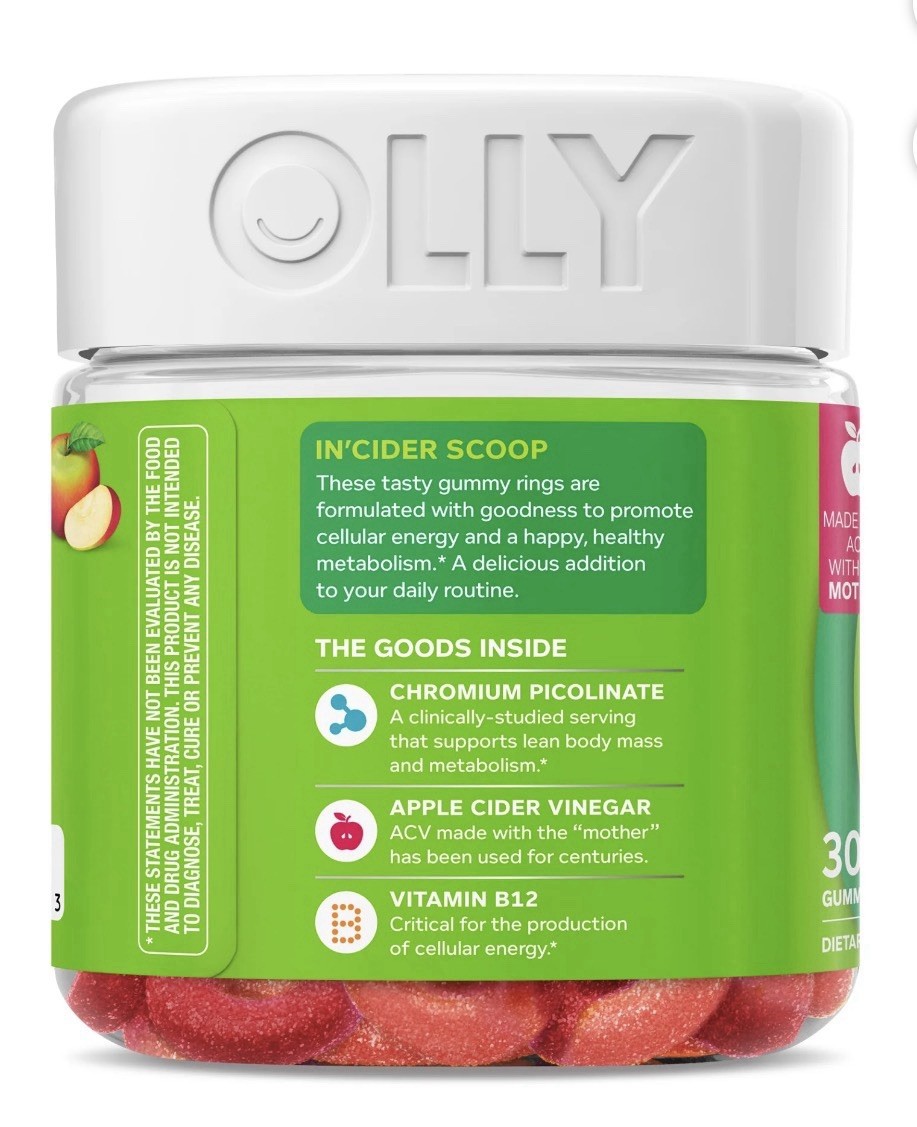 OLLY Metabolism Gummy Rings Apple Cider Vinegar, Vitamin B12, Chromium 30 Count.