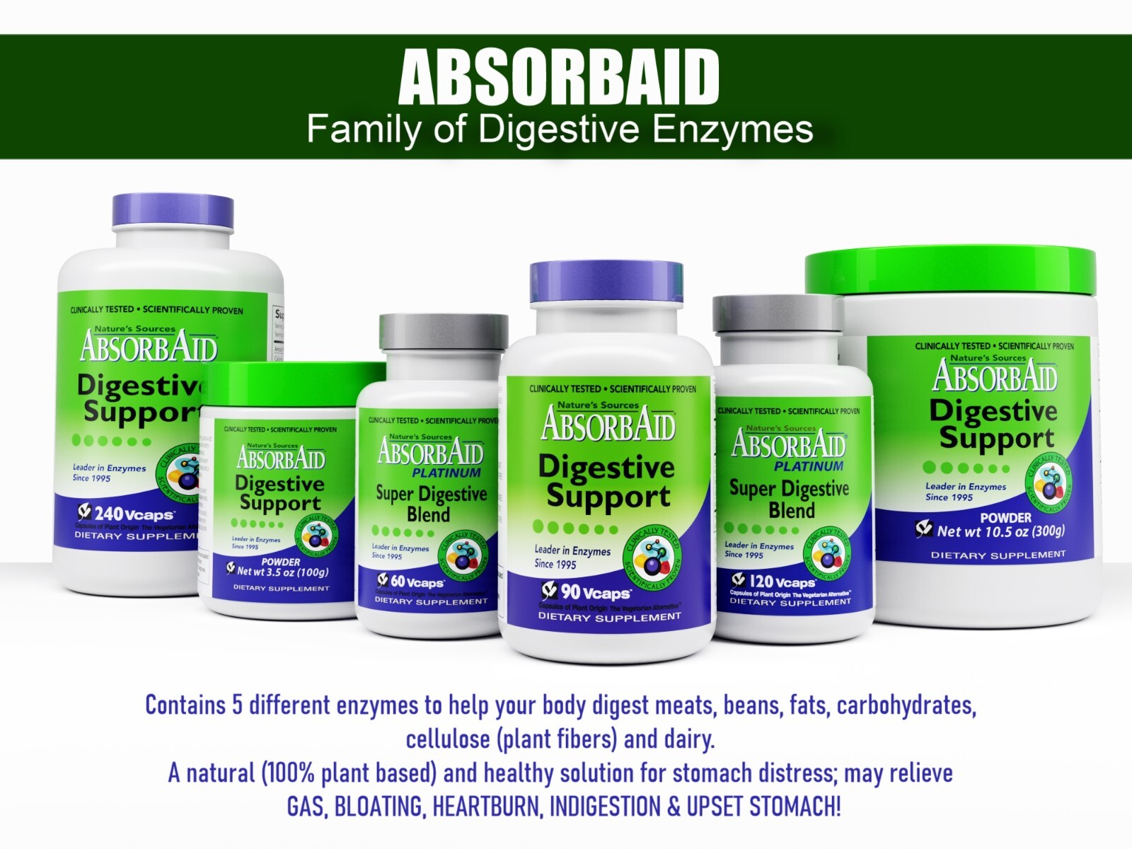 Absorbaid Natural Digestive Enzyme-relief for gas, bloating, acid reflux-90 caps
