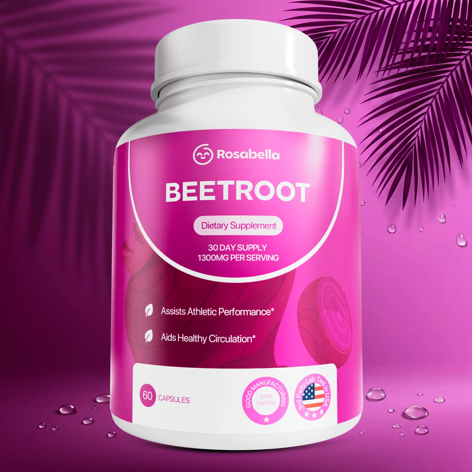 Rosabella Organic Beetroot 1300mg – Supports Blood Flow & Heart Health – 60ct