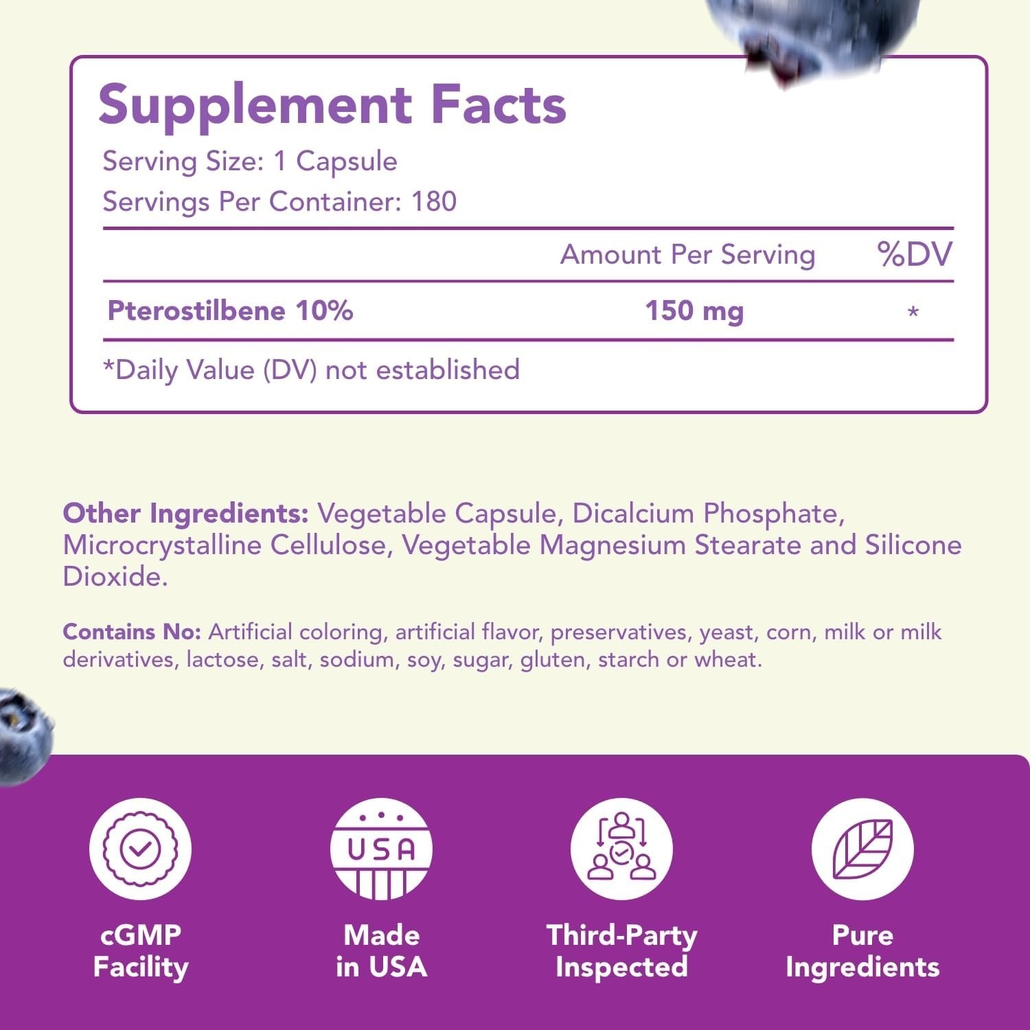 Pterostilbene 150mg Antioxidant for Heart, Brain, Skin & Immune – 180 Capsules