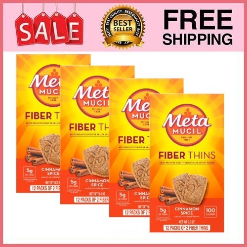 4 Pack Metamucil Fiber Thins, Psyllium Husk Snack, Cinnamon Spice, 24 Ct Pk