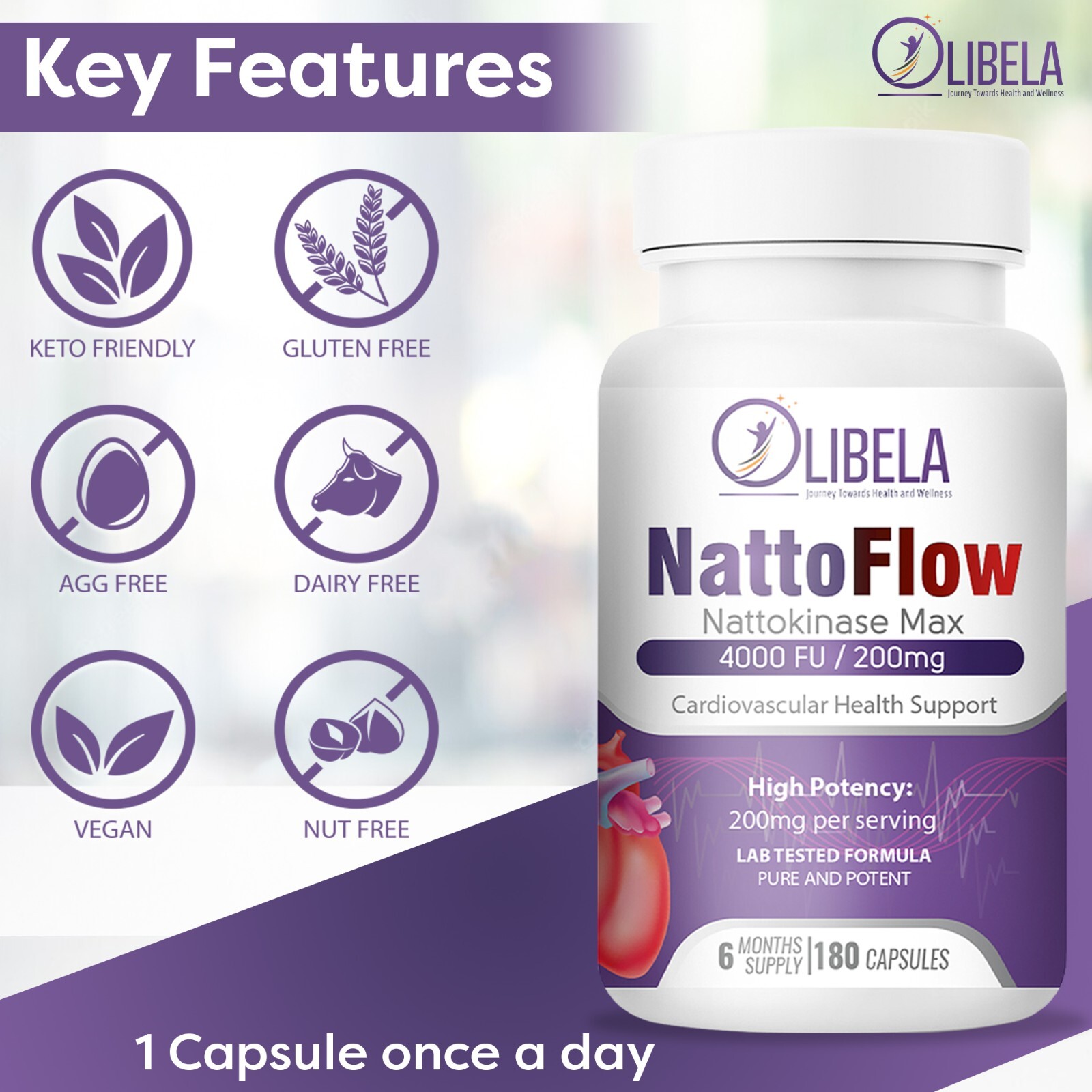 Nattokinase 4,000 FU 200mg (180 Caps) Blood Flow, Heart & Cardiovascular Health