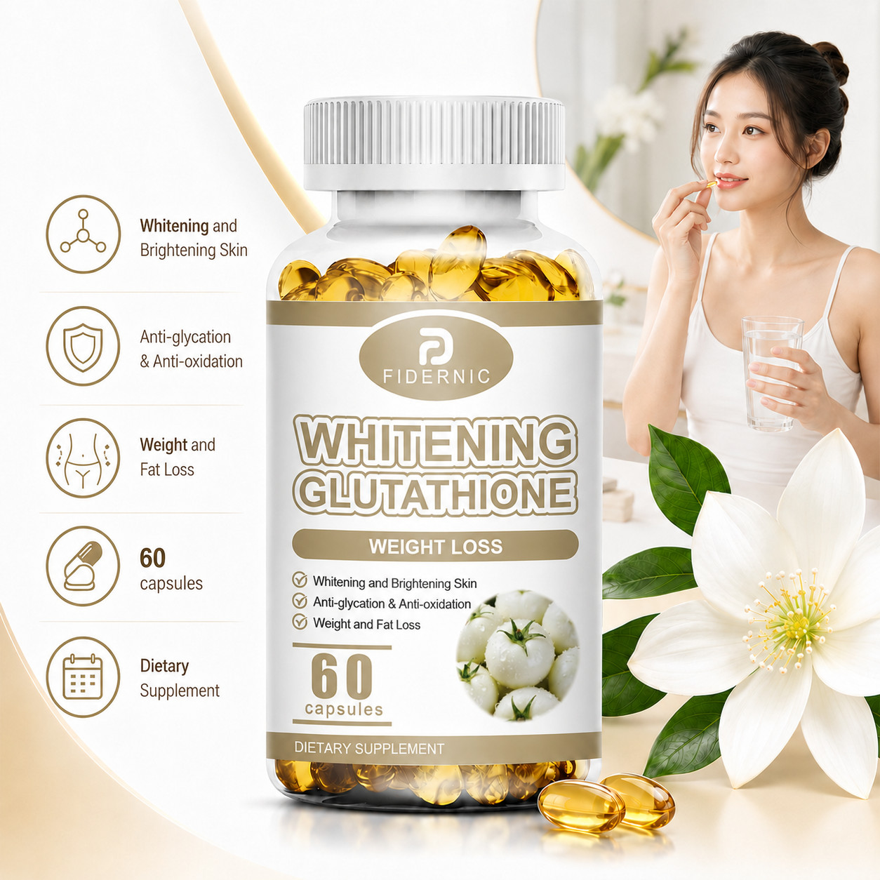 FIDERNIC L-Glutathione 500mg 60 Capsules Antioxidant Supplement