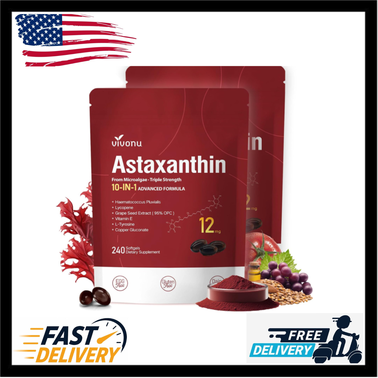 Astaxanthin 12mg 240 Softgels, 4 Month Supply,Triple Strength,Non-GMO, (2 Pack)