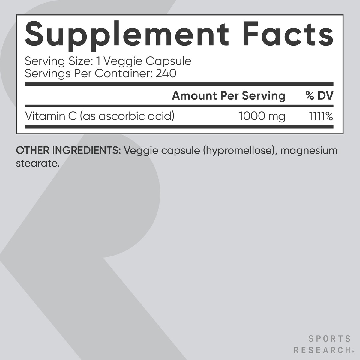 High Potency Vitamin C 1000mg Vegan Veggie Antioxidant & Immune Support 240 Ct