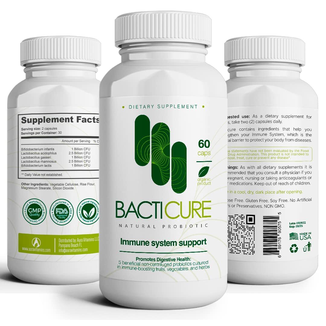 Bacticure, Natural Product, Set of 3 Bottles, Total per Bottle 60 Capsules, Immu