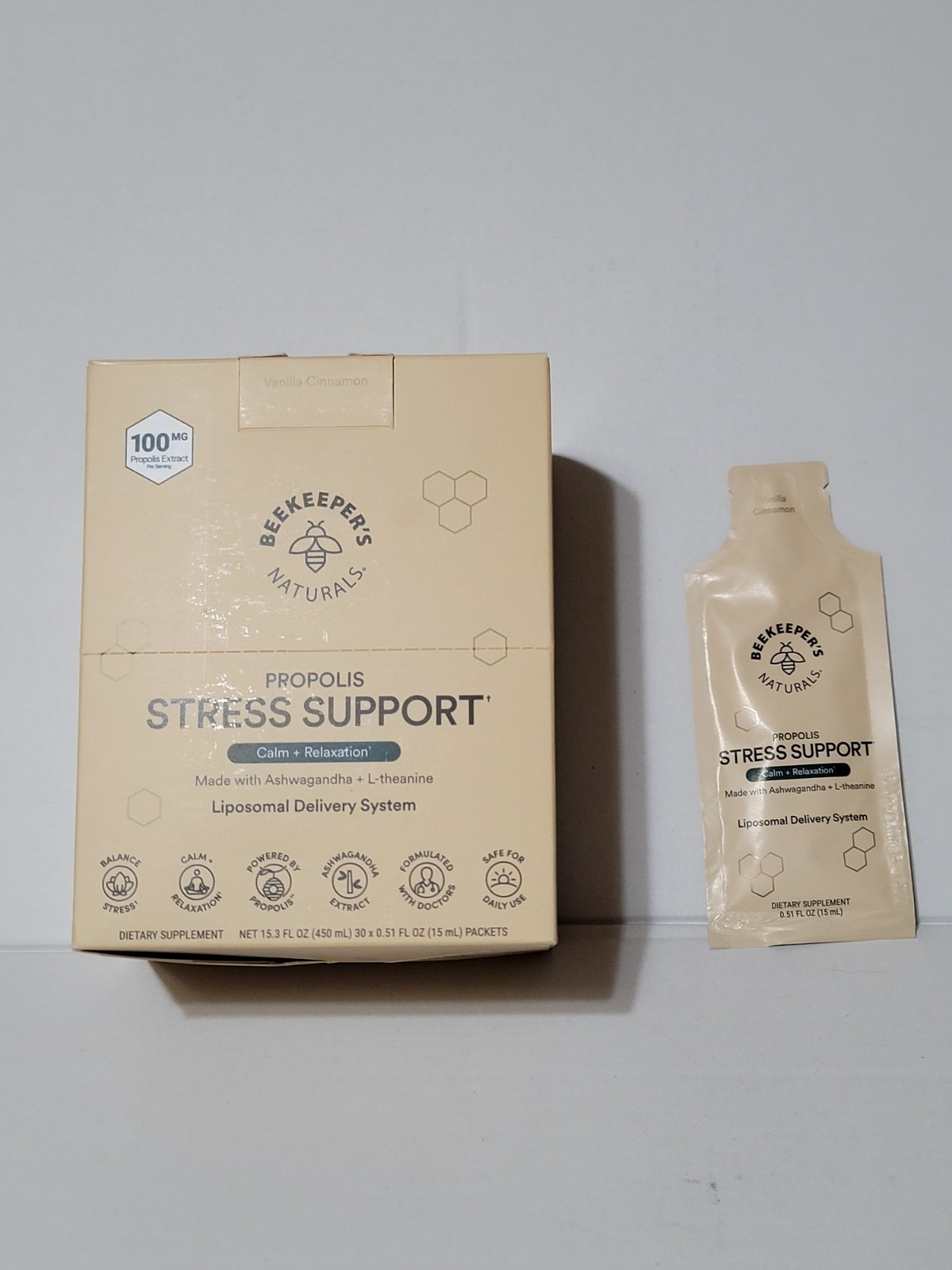 Beekeeper’s Naturals Propolis Stress Support 30 Pk Vanilla Cinnamon Exp 08/2026