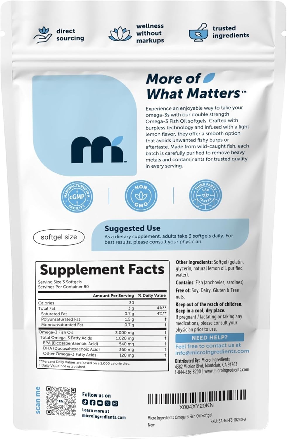 Omega 3 Fish Oil Supplements 3,000mg Per Serving, 240 Softgels | Lemon Flavor…
