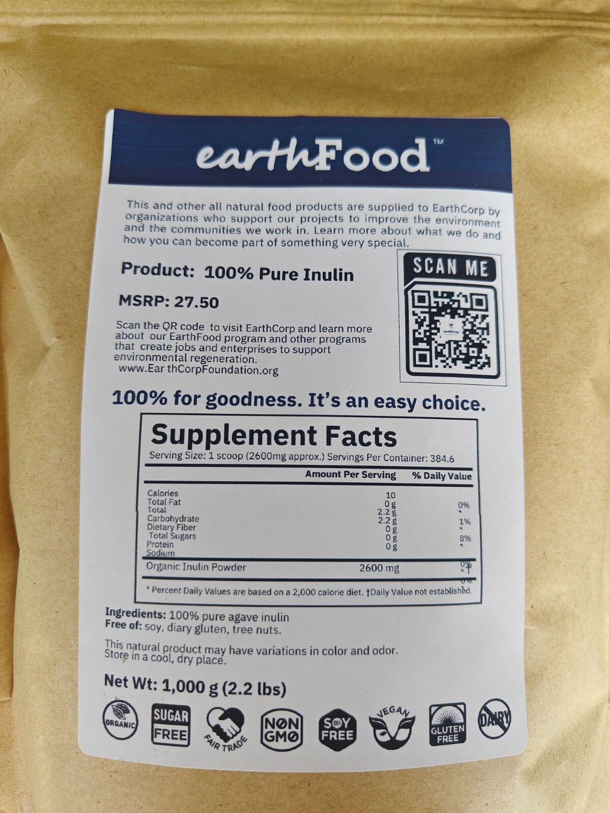 100% PURE INULIN POWDER by EarthFood. 1 KG (2.2 lbs). Full COA, bulk options