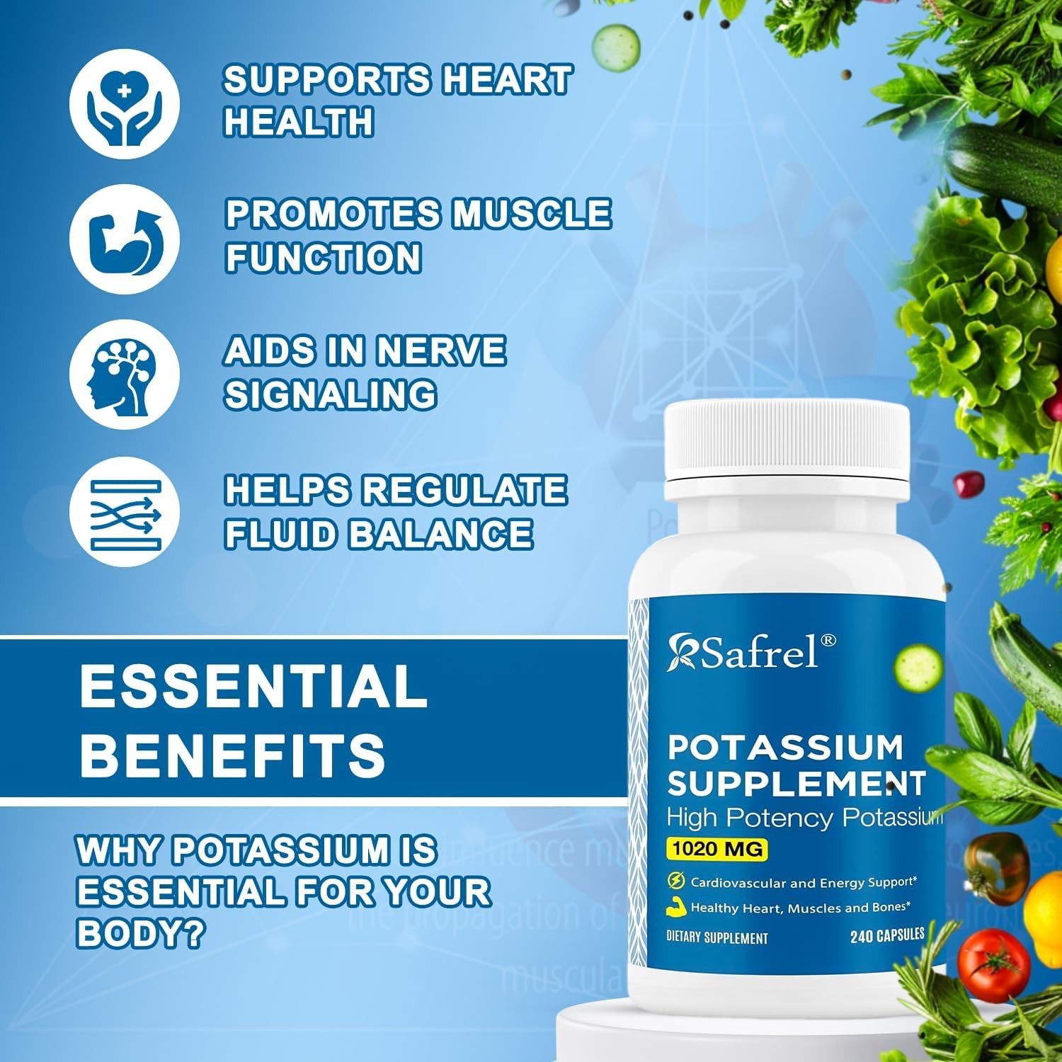 High Potency Potassium Supplement 1020 mg, 240 Vegetarian Capsules, Gluten-Free