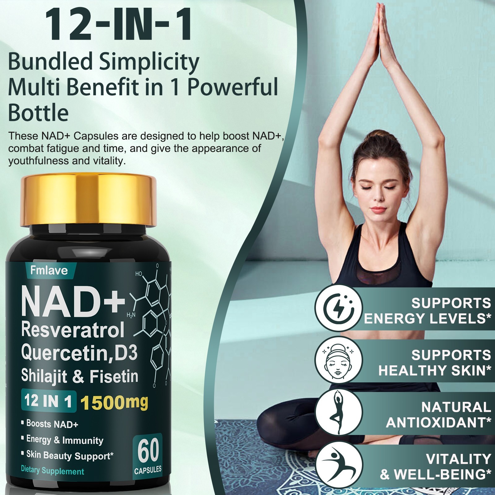 NAD supplement, 1500mg resveratrol containing supplement, 60 capsules Free ship