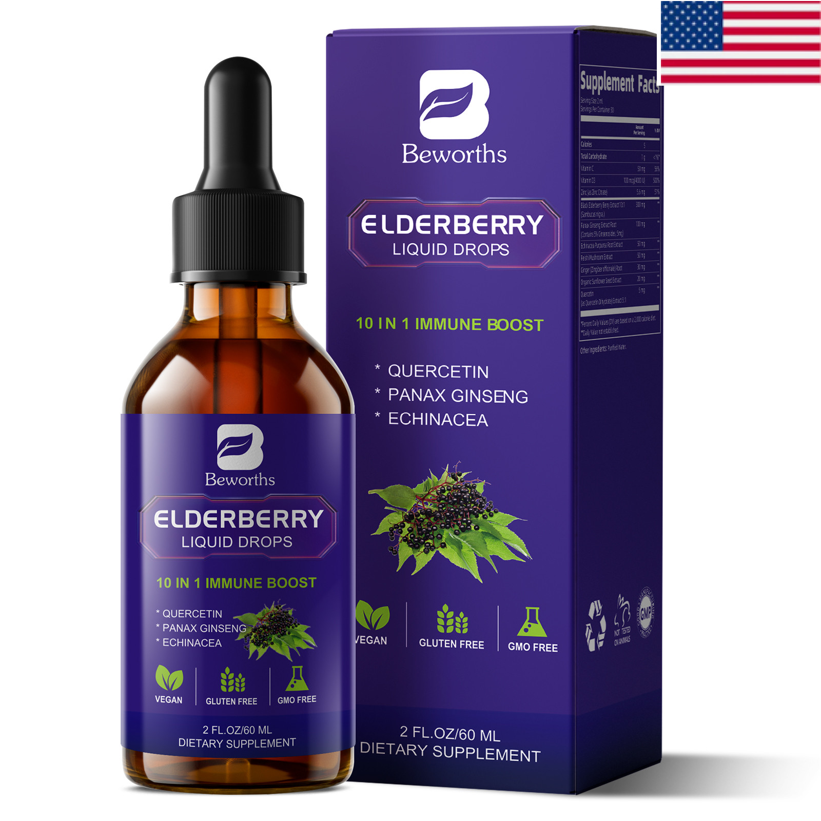 1/3X Black Elderberry Liquid Extract Drops with Vitamins C & D3 and Zinc 60ML
