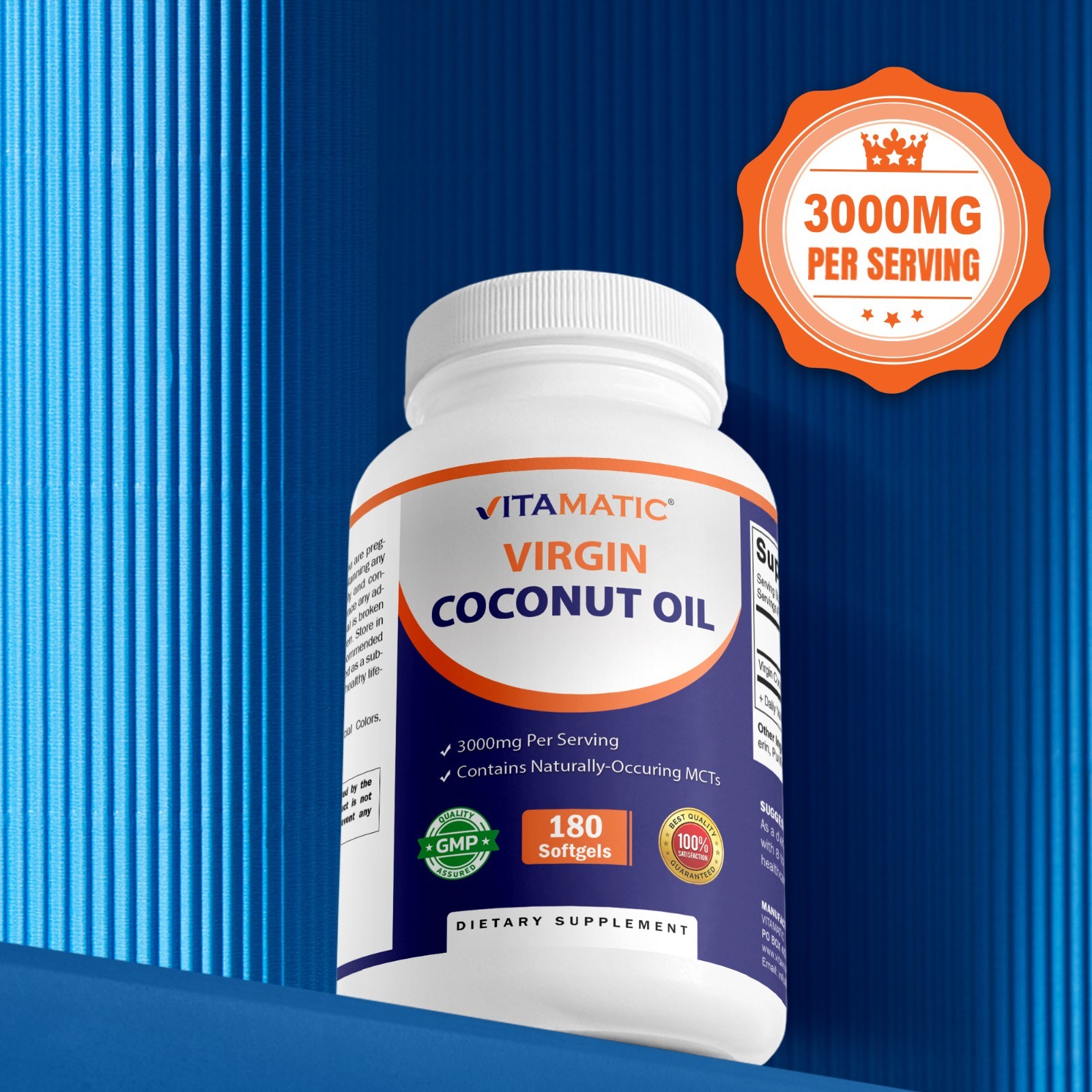 Vitamatic Virgin Coconut Oil Softgels, 3000 mg Per Serving, 60 Servings, 180 Cou