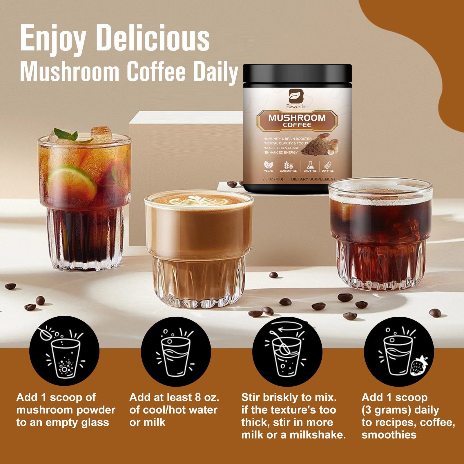 5Pack*70g10 Mushroom Coffee Instant Blend – Lion’s Mane, Cordyceps & Reishi
