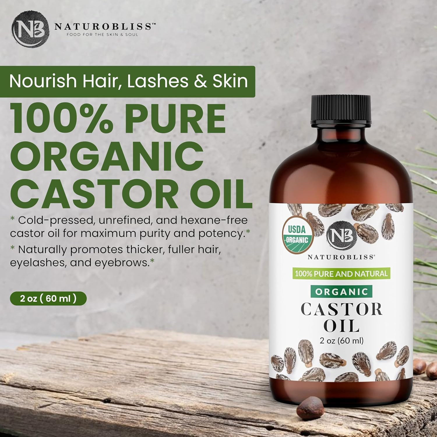100% Pure Organic Castor Oil, Expeller-Pressed, Hexane-Free, Premium Carrier & B