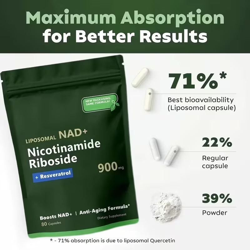 Liposomal NAD+ Nicotinamide Riboside + Resveratrol – 900mg Capsules 80ct, 1 Pack