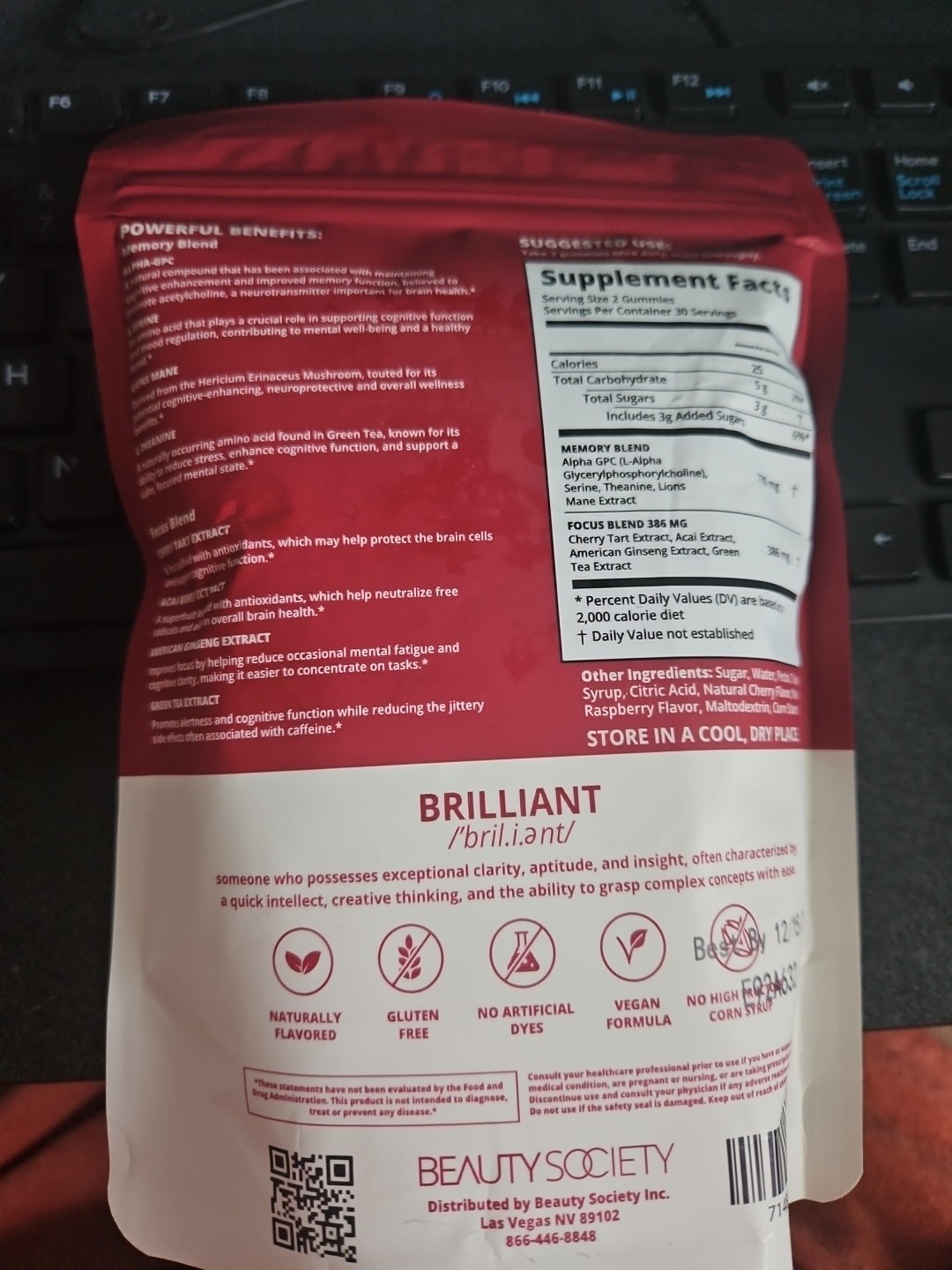 Beauty Society Brilliant Gummies Acai Berry Memory Focus Amino Acids