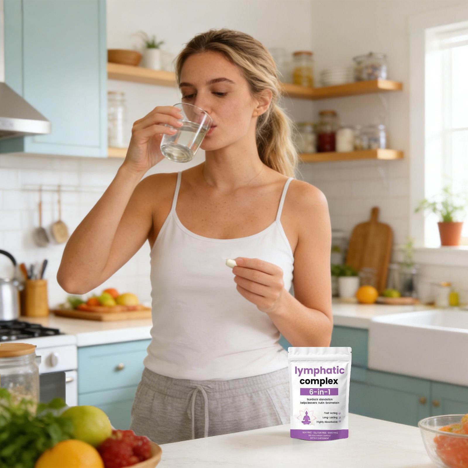 6-in-1 Lymphatic Complex Drainage Supplement Dandelion Burdock Bromelain