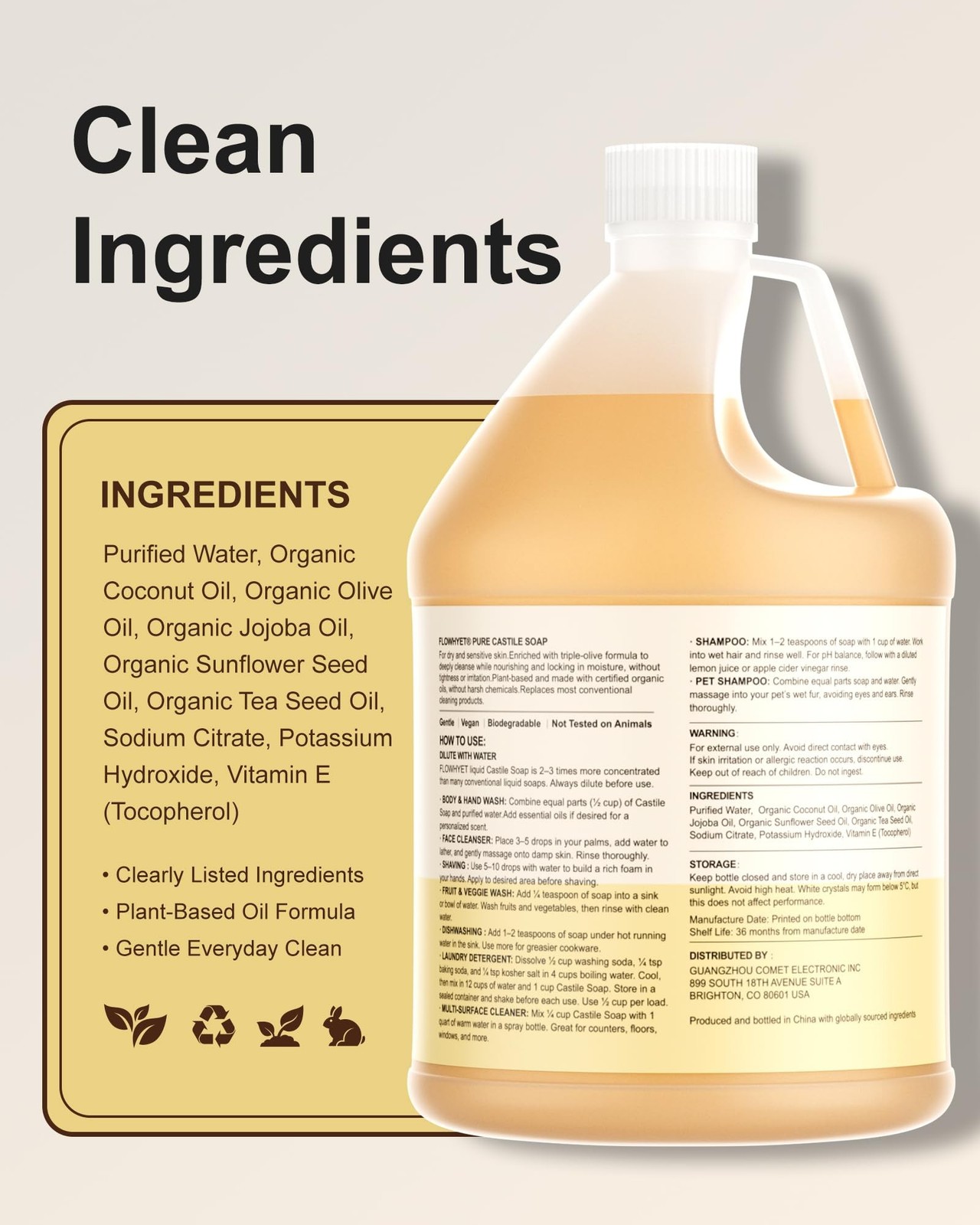 EWG Verified Pure Castile Soap Liquid Unscented 1 Gallon Dry Skin | Moisturiz…