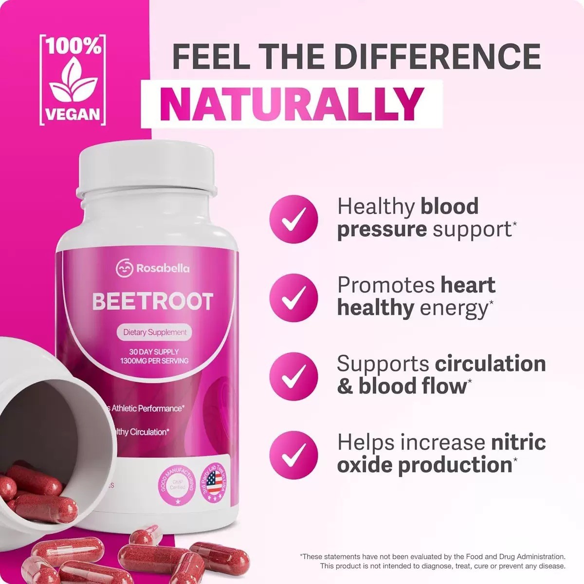 3pcs Rosabella Organic Beet Root 60 Capsules Natural Energy Boost Blood Pressure