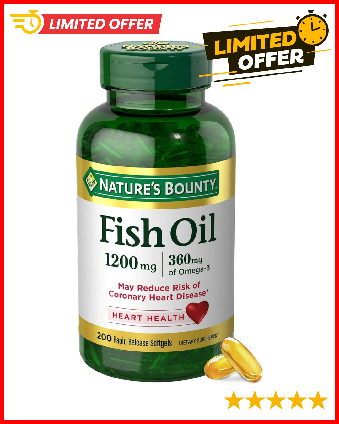 Nature’s Bounty Fish Oil Omega 3 Supplements – Supports Heart Health, 1200 Mg!!!