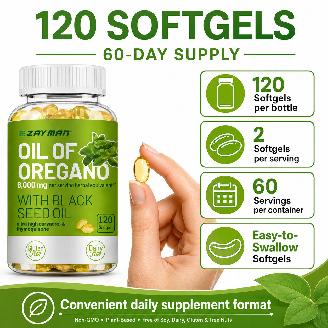 2 in 1 Oil of Oregano & Black Seed Softgels Count with Carvacrol,Immune Support