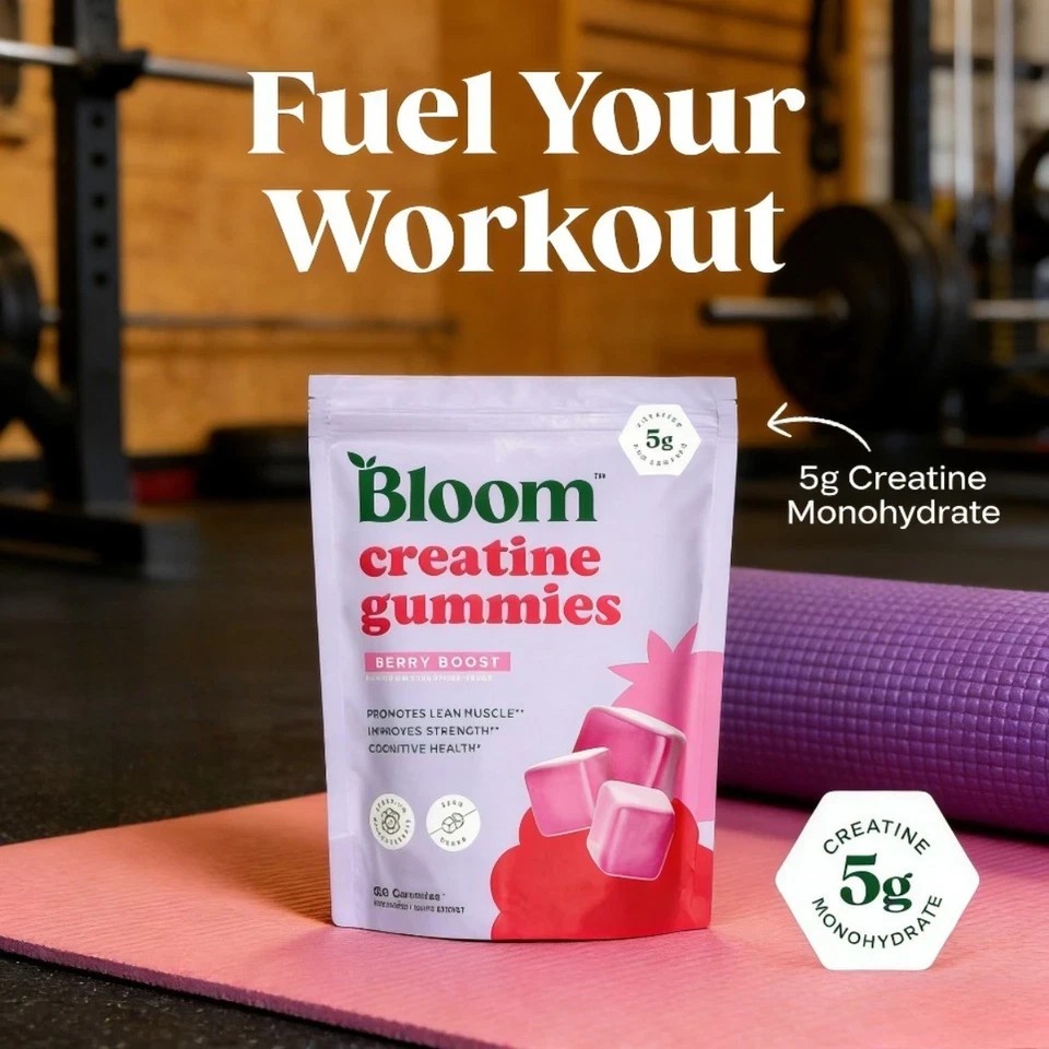Bloom Sugar Free Creatine Gummies 10g Monohydrate for Strength,Berry,72 Gummies