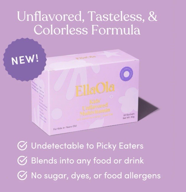 EllaOla Kids’ Essential Unflavored Multivitamin 4+ Years Old, 30 Stick Packs