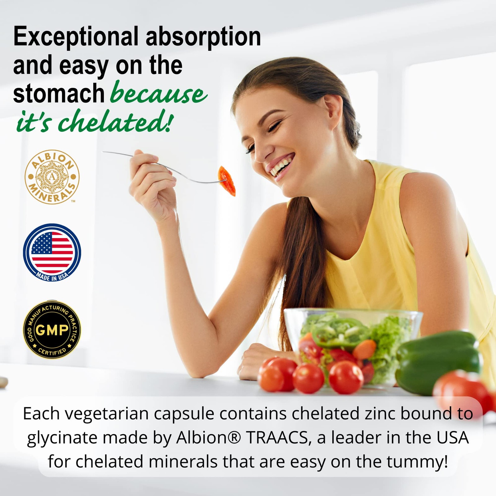 Chelated Zinc Supplements 60 Capsules Gentle Stomach Healthy Cell Growth