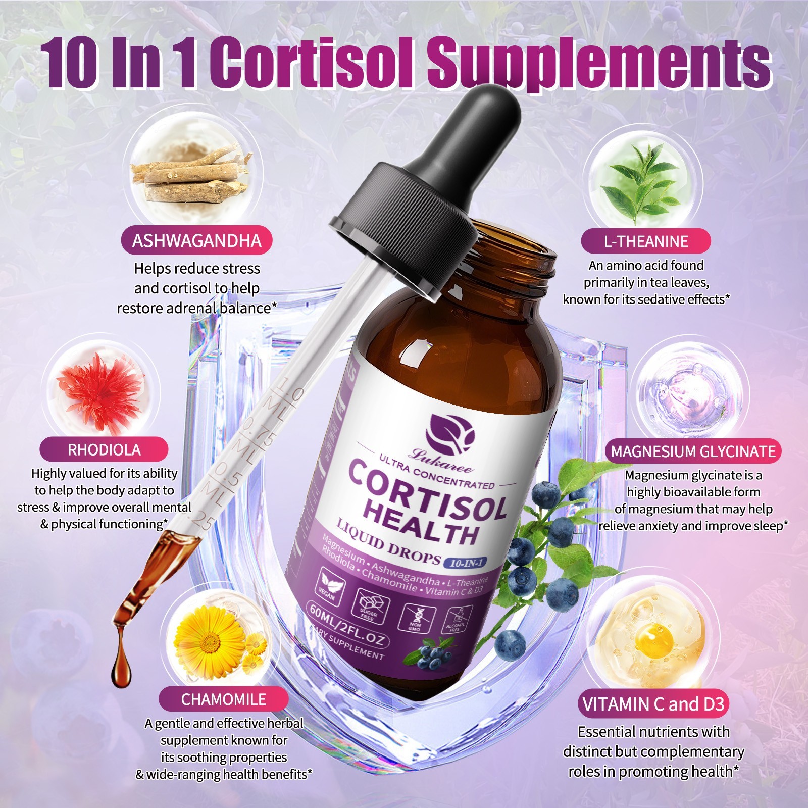 2x60ml Cortisol 10-IN-1 Supplement Liquid with Magnesium Ashwagandha L-Theanine