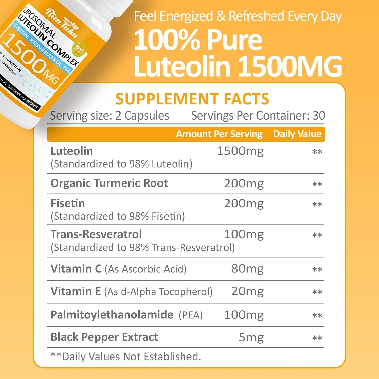 1500MG Liposomal Luteolin Supplement w/ Fisetin, Pea, Turmeric, Potent Flavonoid