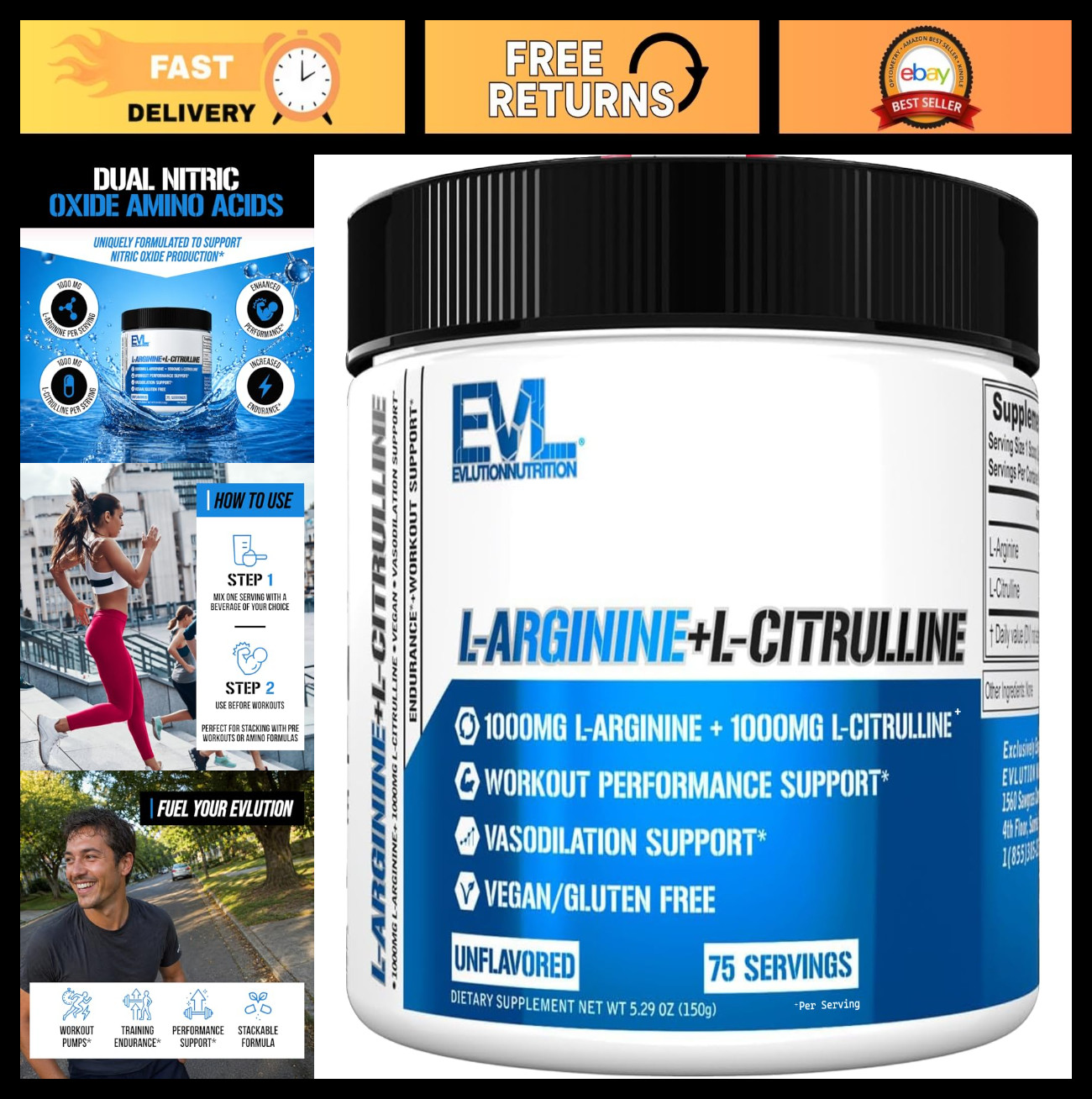 Nitric Oxide Booster Powder – L-Citrulline & L-Arginine 1000mg, 75 Servings, Ene