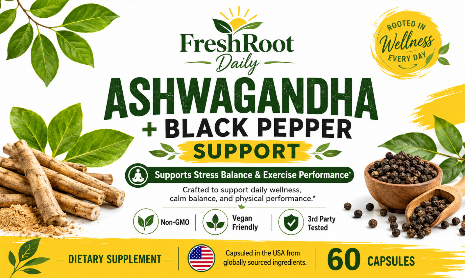 Ashwagandha Black Pepper Supplement 60 Capsules Stress Support Vegan Non-GMO