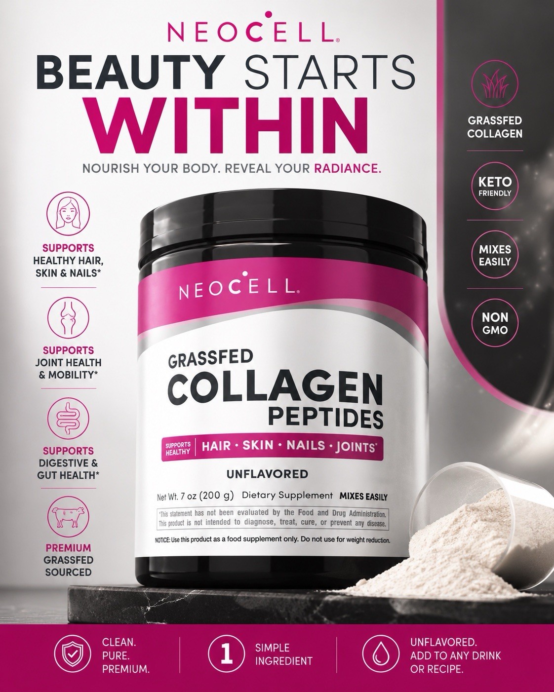 NeoCell Collagen Peptides Powder 7 Oz Pack of 2 Grass Fed Type 1 & 3