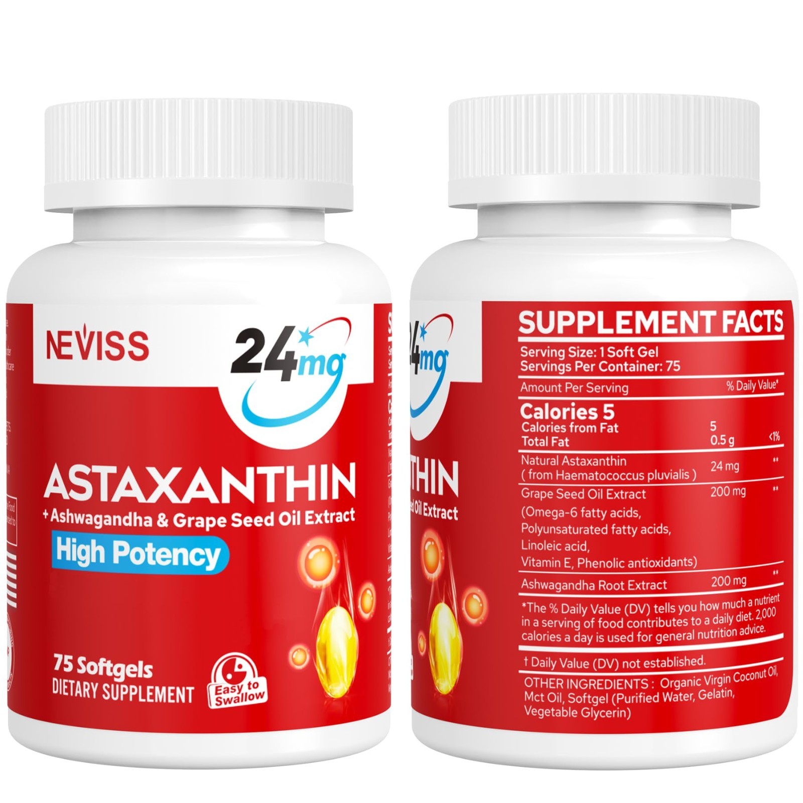 Astaxanthin 24mg Softgels – Antioxidant Supplements with MCT Oil & Ashwagandha,