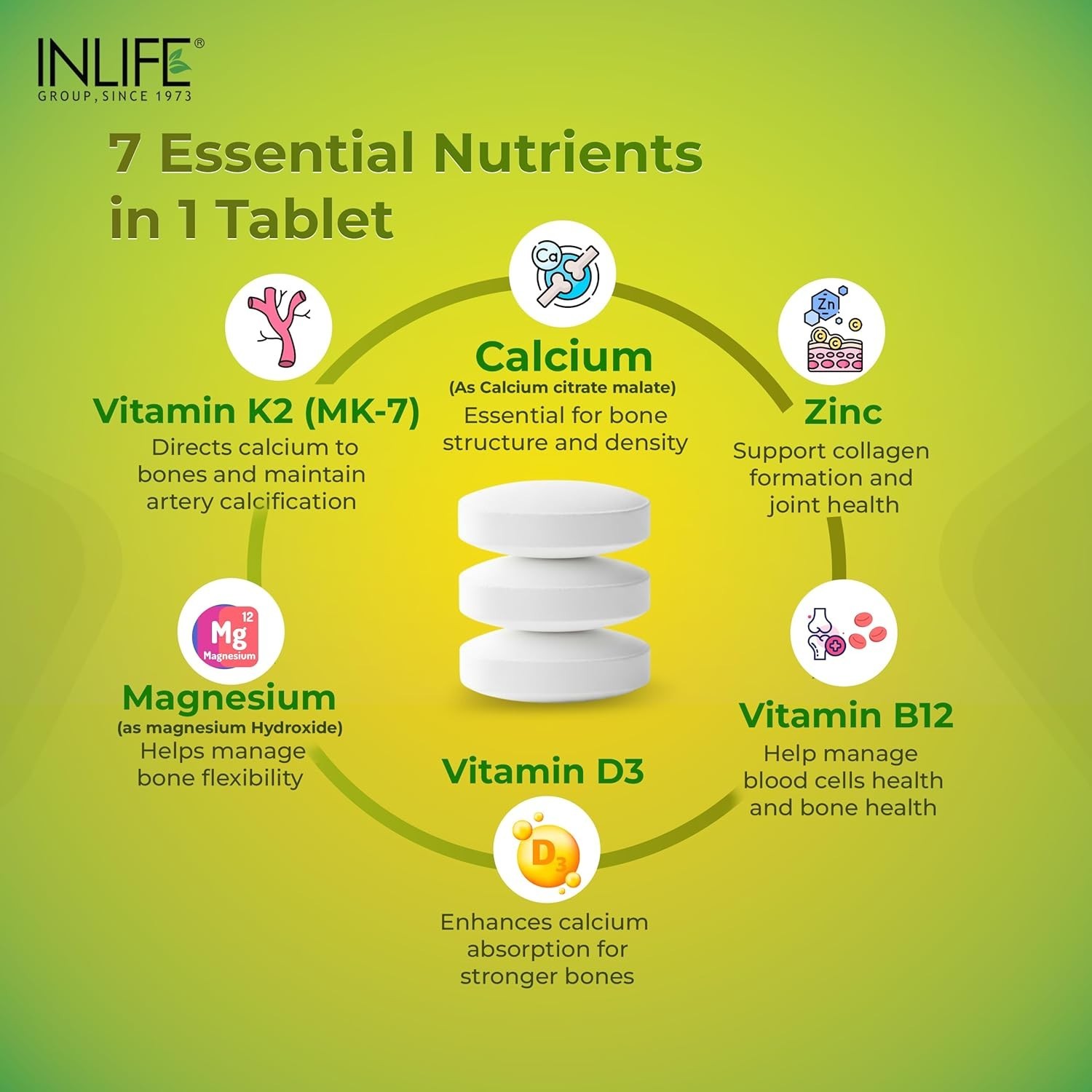 5 Pack IN.LIFE Calcium Magnesium Zinc D3 K2 600 Tablets