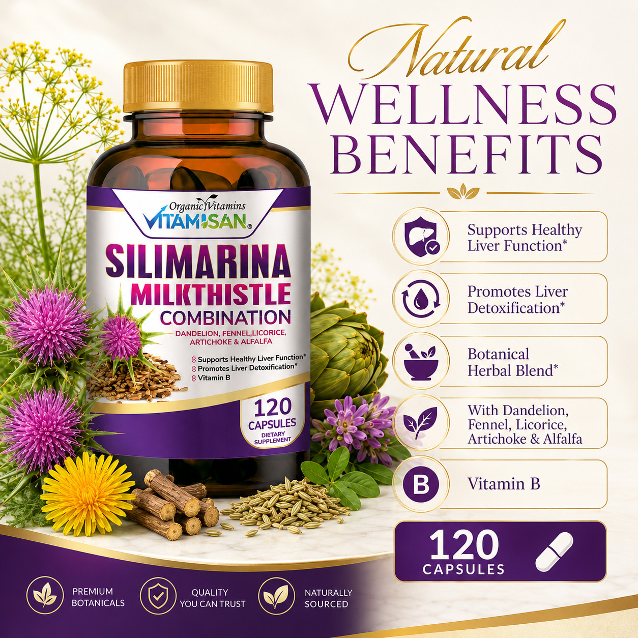 Organic Vitamins Milk Thistle Strenght 120 Caps Silymarin complex with B