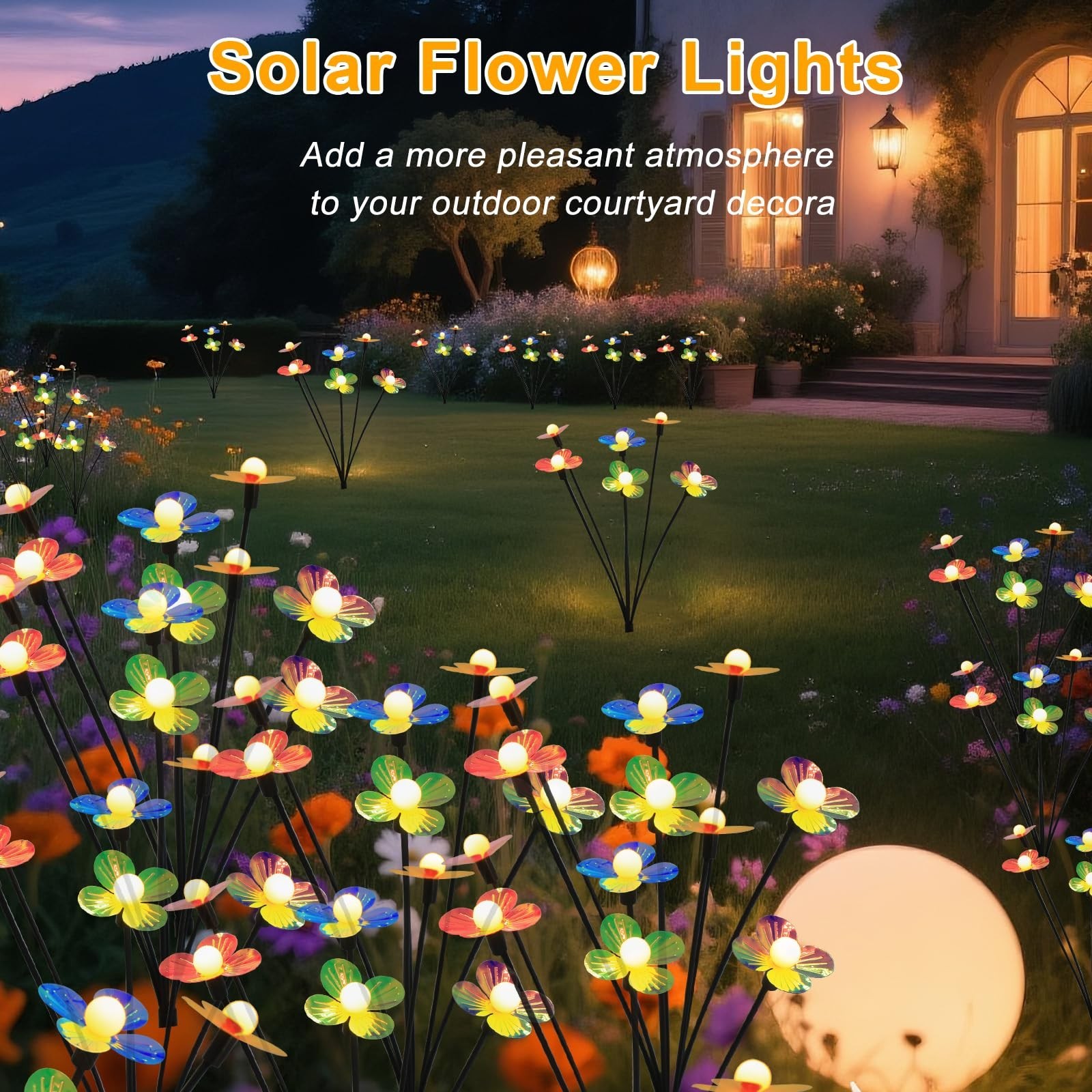 Solar Flower Lights Outdoor Waterproof 4 Pack of 32 LEDs Garden Solar Firefly…