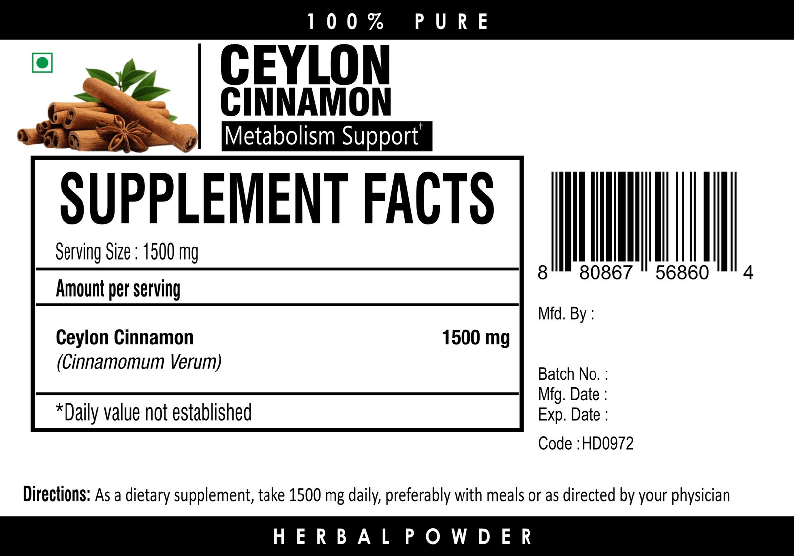 Ceylon Cinnamon Powder 1500mg Healthy Heart Metabolism Support Supplement