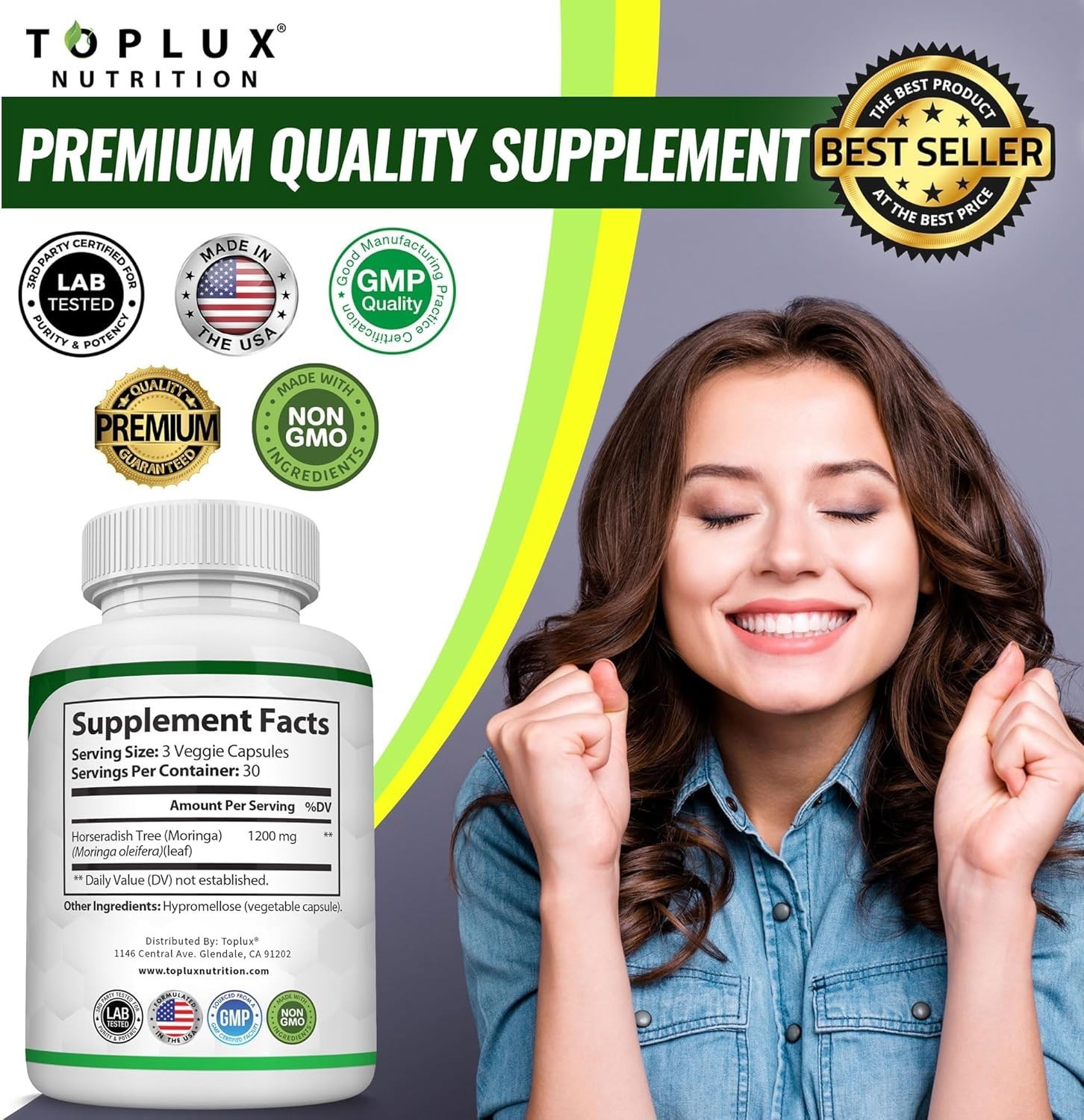 Toplux Moringa Capsules 1200mg – Pure Moringa Powder High Potency Leaf Extract