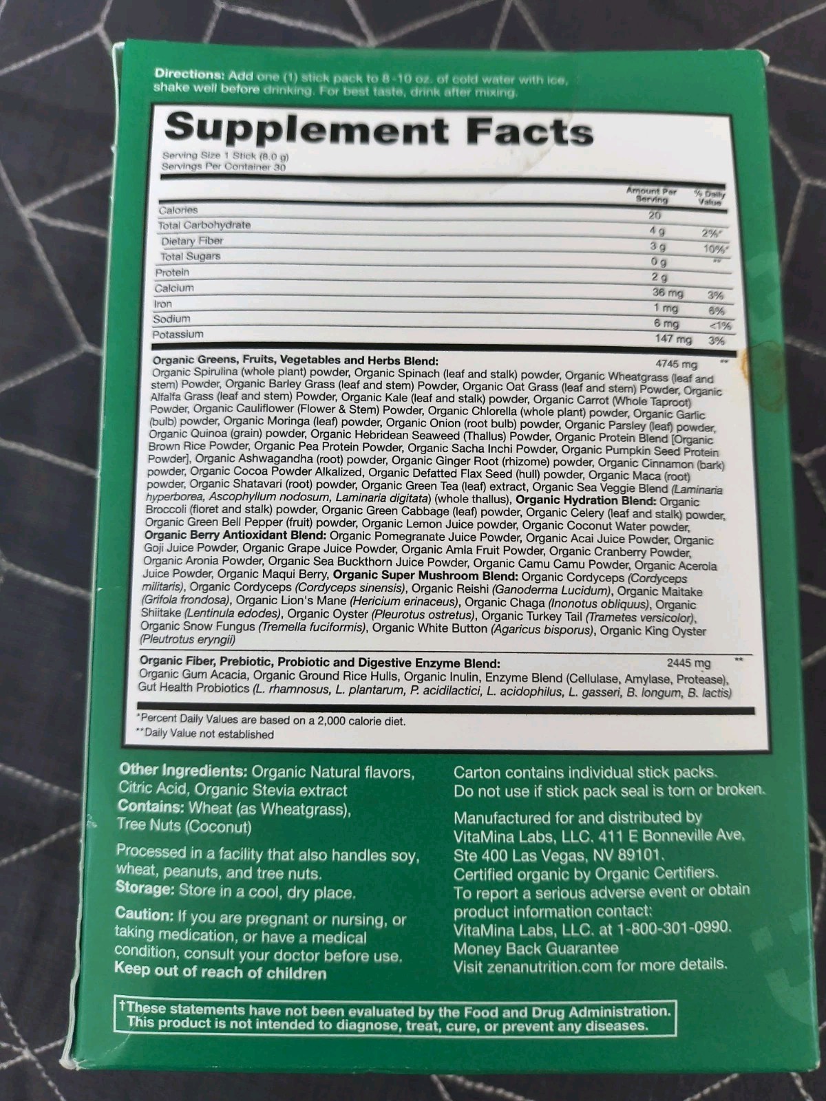 Zena Nutrition Organic Supergreens 30 Stick Packs Green Apple Bb 1/31/27